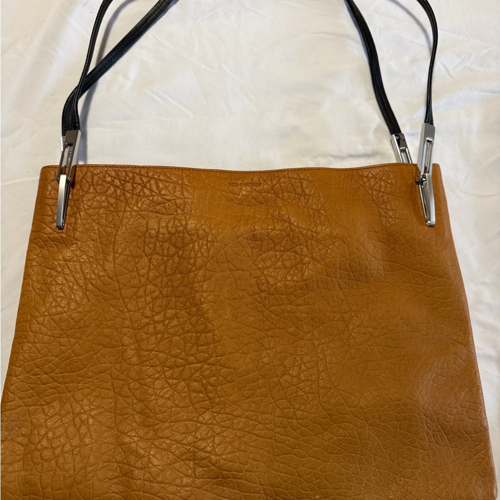 Pour La Victoire Tan Cognac Pebbled Leather Shoulder Bag Silver Hardware